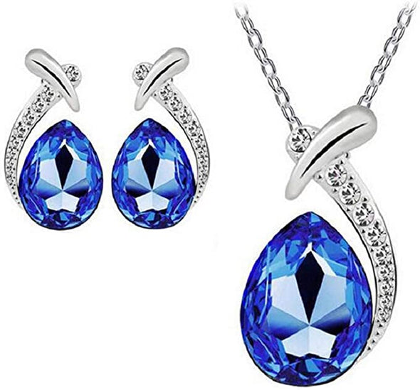 Women's Shiny Crystal Rhinestone Silver Plated Pendent Chain Necklace Stud Earring Costume Fashion Jewelry Set (Royal Blue)