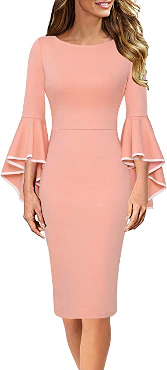Womens Bell Sleeve Cocktail Party Bodycon Pencil Sheath Dress