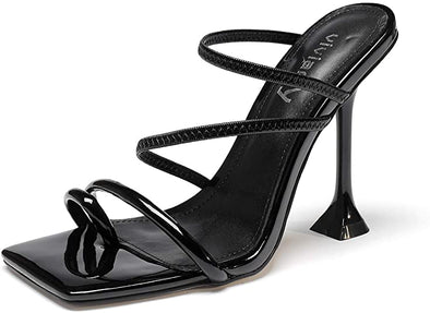 Women Square Toe Mules Sandals Toe Ring Stiletto Heels Dress Heels Slip on Slipper Party Shoes