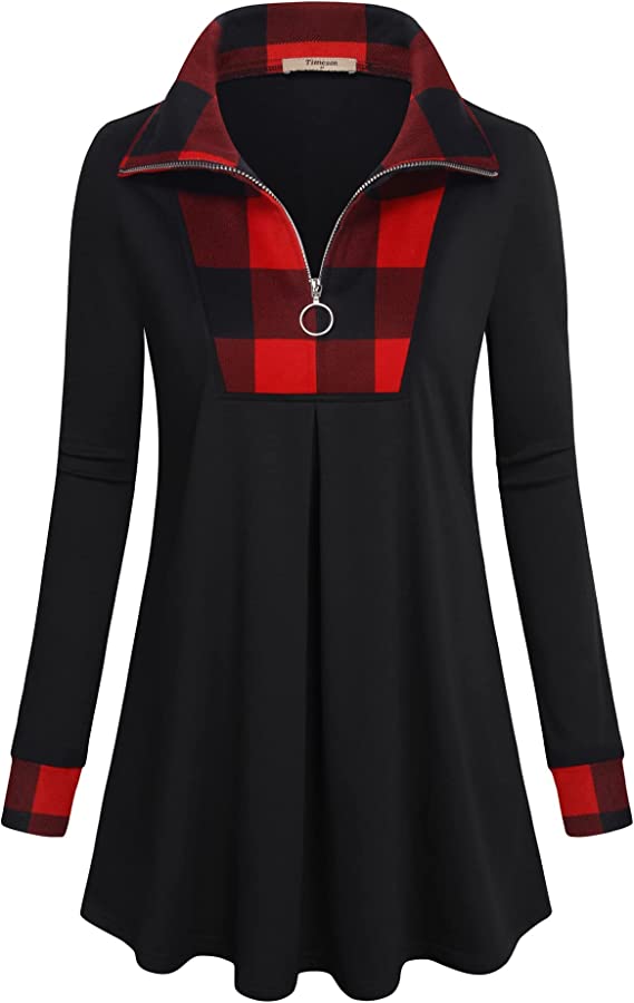 Women's Long Sleeve Quarter-Zip Lapel Tunic Top Plaid Pullover Sweatshirt