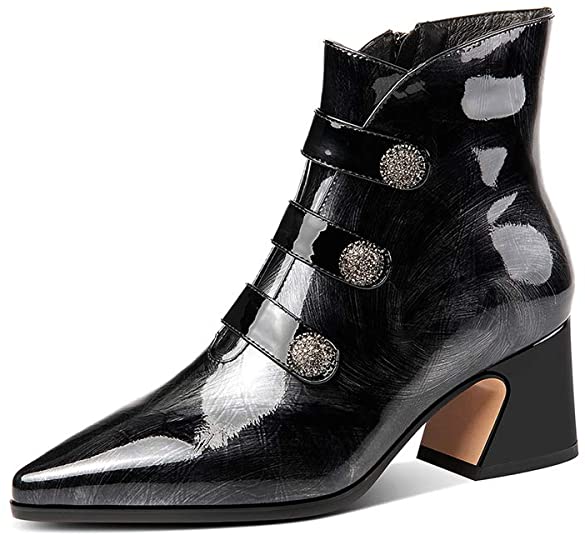 Women's Patent Leather Handmade Pointed Toe Comfortable Mid Block Heel Zip Up Ankle Boots with Glitter Button Decor