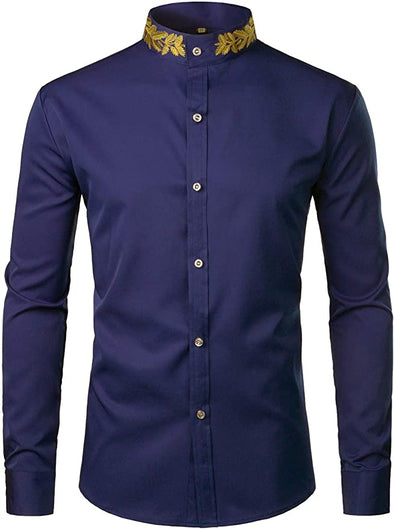 Mens Hipster Gold Embroidery Mandarin Collar Slim Fit Long Sleeve Casual Dress Shirts