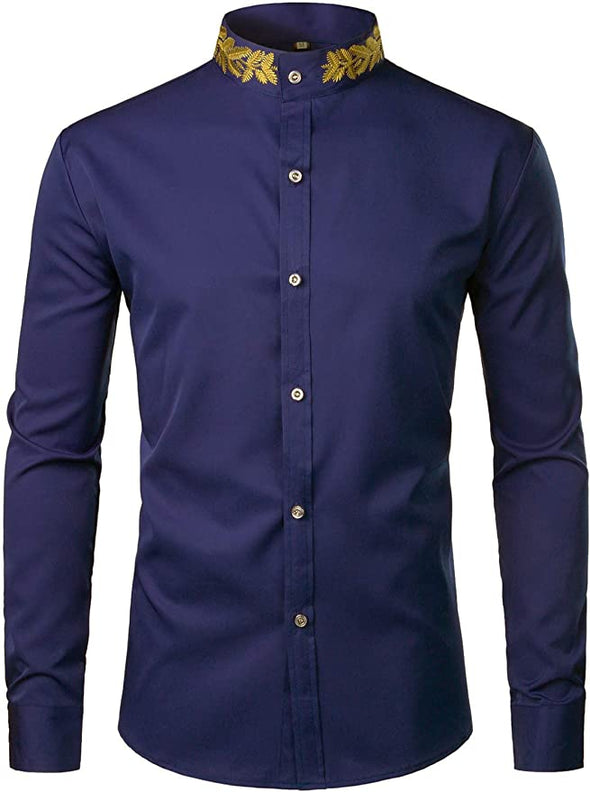 Mens Hipster Gold Embroidery Mandarin Collar Slim Fit Long Sleeve Casual Dress Shirts