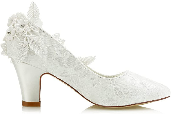 Women's Bridal Shoes Closed Toe 2.7" Chunky Heel Lace Satin Pumps Satin Flower Wedding Shoes