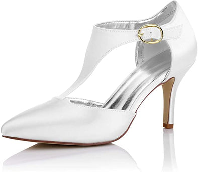Women's Bridal Shoes Closed Toe Mid Heel T Bar Dyeable Satin Pumps Wedding Shoes