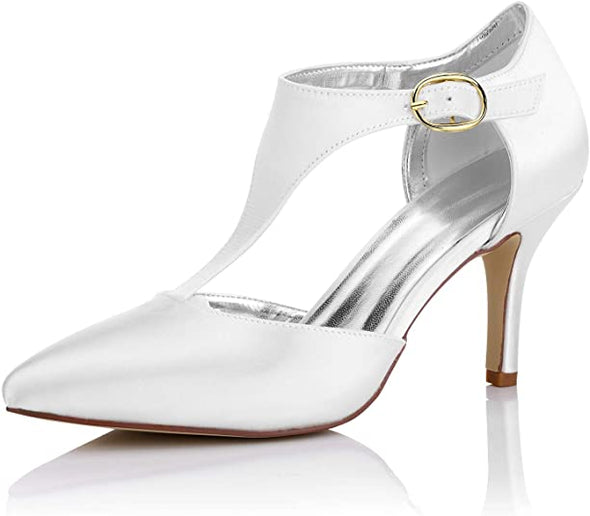 Women's Bridal Shoes Closed Toe Mid Heel T Bar Dyeable Satin Pumps Wedding Shoes