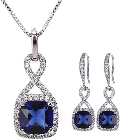 Crystal Jewelry Set for Women - Sterling Silver Square Cubic Zirconia CZ Bridal Pendant Necklace Earrings Set for Wedding Bride Bridesmaids Birthstone Fashion Jewelry Set
