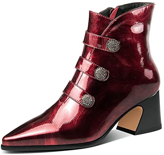 Women's Patent Leather Handmade Pointed Toe Comfortable Mid Block Heel Zip Up Ankle Boots with Glitter Button Decor