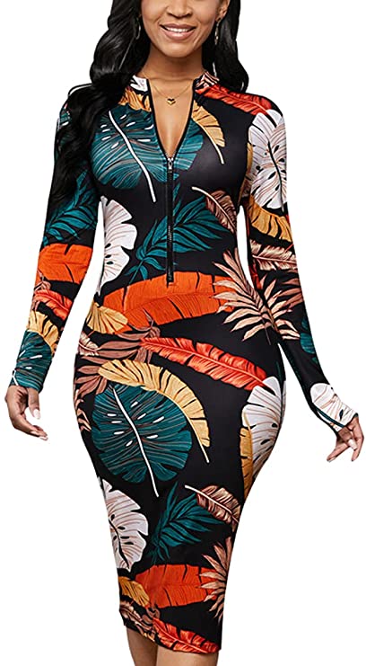 Women Elegant Floral Print V Neck Long Sleeve Zip Stretchy Pencil Midi Bodycon Dress Business Suiting