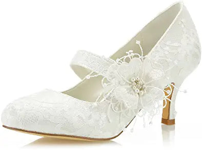 Women's Bridal Shoes Closed Toe 2.5" Stiletto Heel Lace Satin Pumps Satin Flower Imitation Wedding Shoes