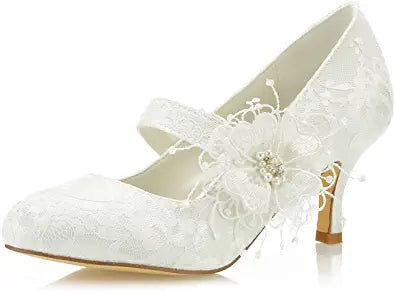 Women's Bridal Shoes Closed Toe 2.5" Stiletto Heel Lace Satin Pumps Satin Flower Imitation Wedding Shoes