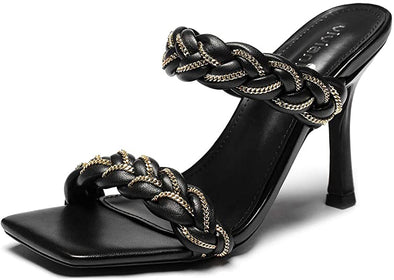 Women Sexy Open Toe Woven Stiletto Heel Sandals Slip on Mules Slippers