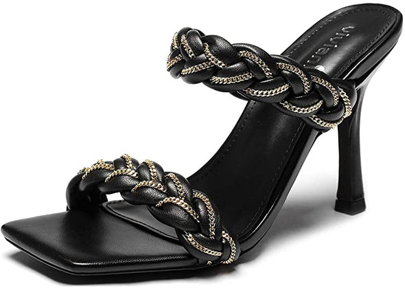 Women Sexy Open Toe Woven Stiletto Heel Sandals Slip on Mules Slippers