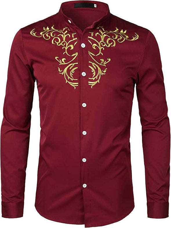 Men's Luxury Gold Embroidery Design Slim Fit Long Sleeve Button Up Dress Shirts