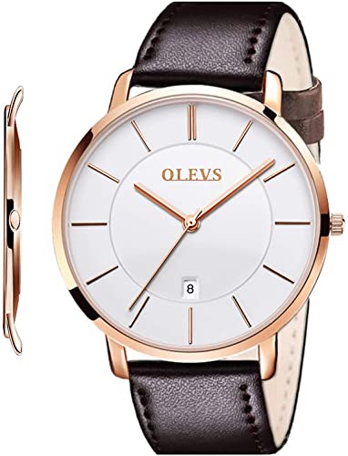 OLEVS Mens Watches Minimalist Ultra Thin Fashion Casual Analog Quartz Date Watch Waterproof Slim Simple Big Face Dress Wrist Watch with Retro Leather Band for Men