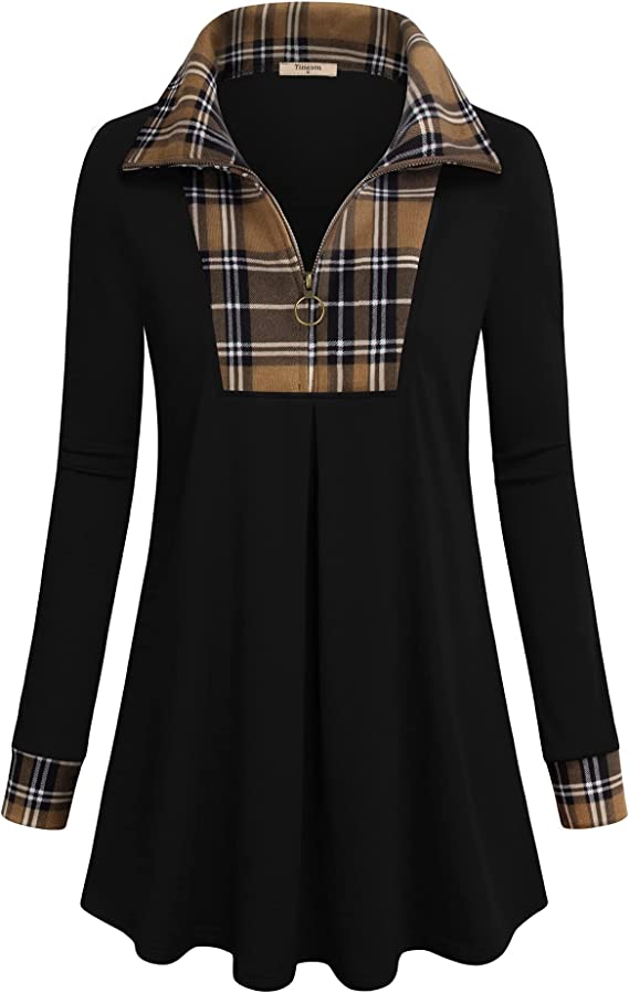 Women's Long Sleeve Quarter-Zip Lapel Tunic Top Plaid Pullover Sweatshirt