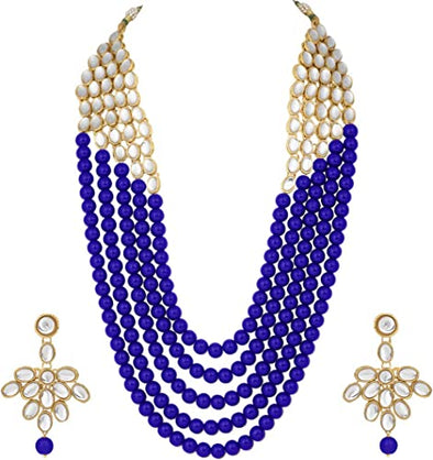 Elegant Indian Ethnic Traditional Layered Beaded Long Kundan Necklace Earring Set Bollywood Wedding Party Jewelry for Women