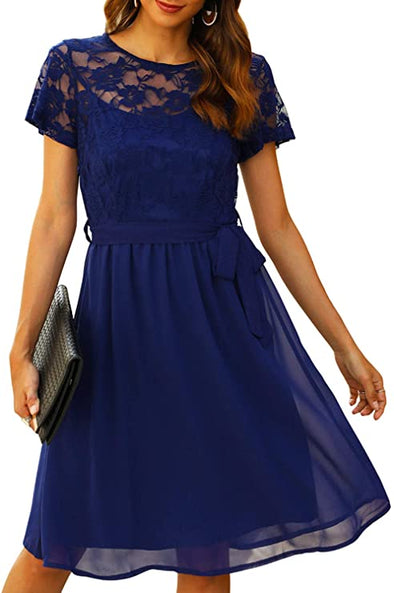 Women's Scooped Neckline Floral lace Top Cocktail Party Midi Dress