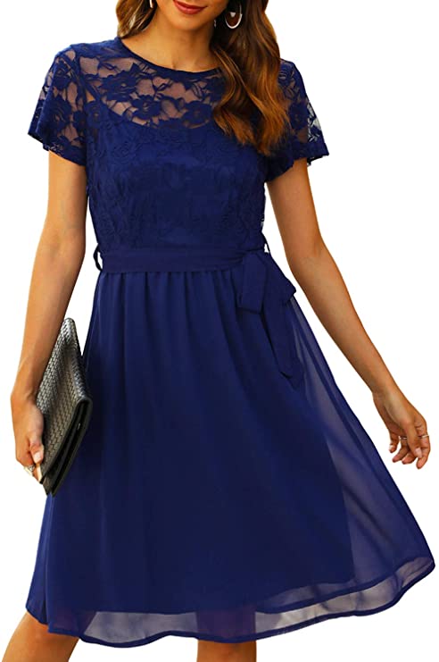 Women's Scooped Neckline Floral lace Top Cocktail Party Midi Dress