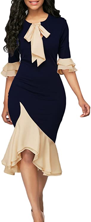 EXCLUSIVE-Women Bodycon Dress Cocktail Work Half Sleeve Bow Tie Party Dresses