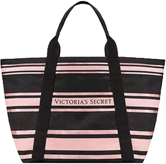 Victoria 's Secret Sparkle Tote Bag Stripe Black Pink Large