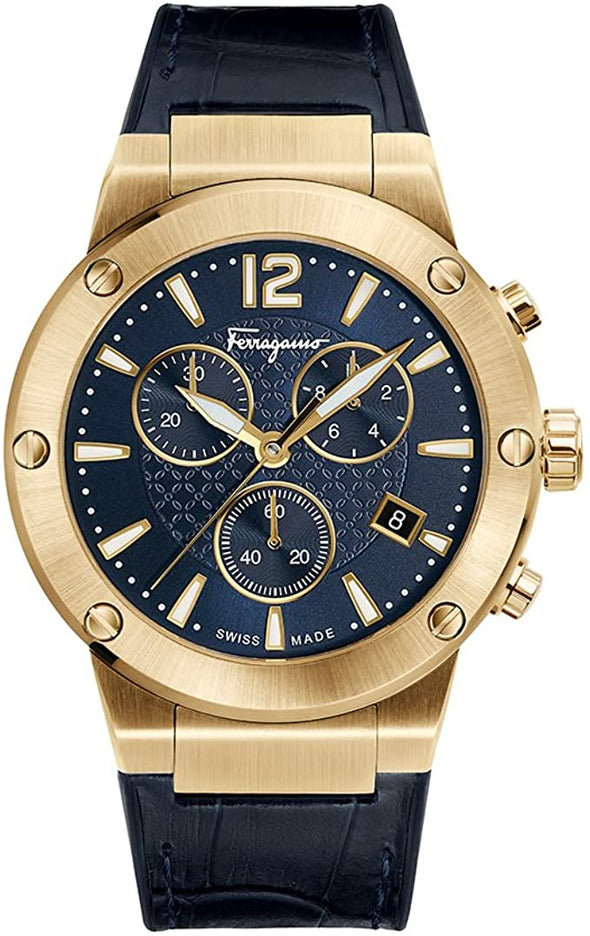 Salvatore Ferragamo Men's F-80 Stainless Steel Swiss-Quartz Watch with Leather Calfskin Strap, Blue, 22