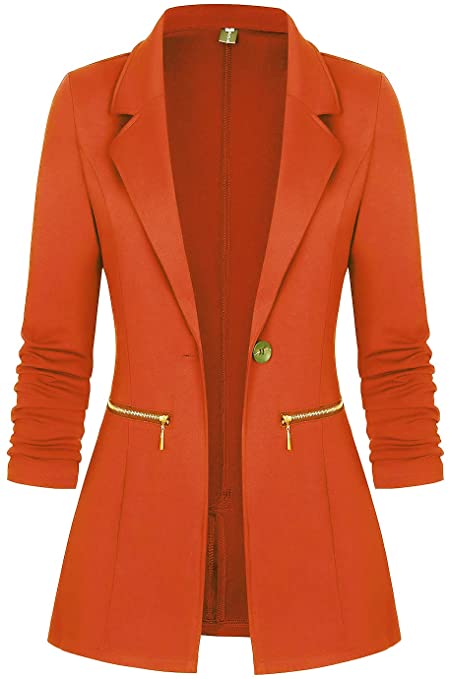 Women's Long Sleeve Blazer Open Front Cardigan Jacket Work Office Blazer with Zipper Pockets