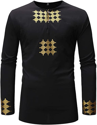 Men's African Traditional Long Sleeve Shirt Luxury Metallic Gold Printed Dashiki
