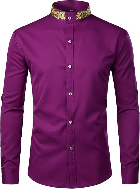 Mens Hipster Gold Embroidery Mandarin Collar Slim Fit Long Sleeve Casual Dress Shirts