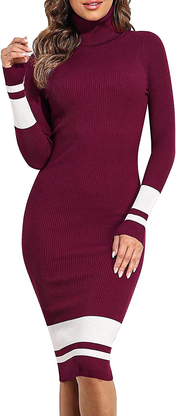 PrettyGuide Women's Turtleneck Knit Pullover Long Sleeve Stretch Bodycon Sweater Dress