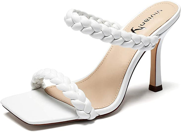 Women Sexy Open Toe Woven Stiletto Heel Sandals Slip on Mules Slippers