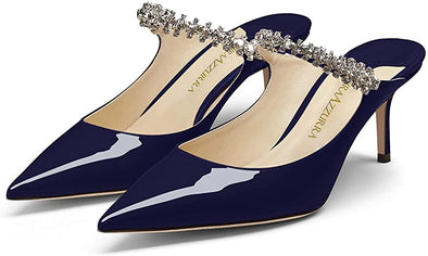 Women Heeled Mules Rhinestone Strappy Pointed Toe Mules Stiletto High Heels Slip On Bridal Sandals for Women
