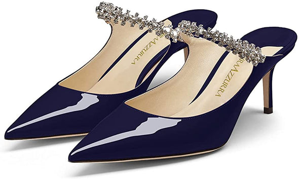 Women Heeled Mules Rhinestone Strappy Pointed Toe Mules Stiletto High Heels Slip On Bridal Sandals for Women