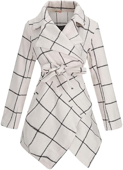 Women's Turn Down Collar Grid Coat Belted Wool Blend Coat Asymmetric Hem Wrap Coat
