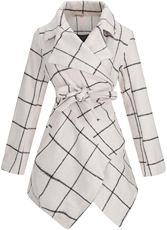 Women's Turn Down Collar Grid Coat Belted Wool Blend Coat Asymmetric Hem Wrap Coat