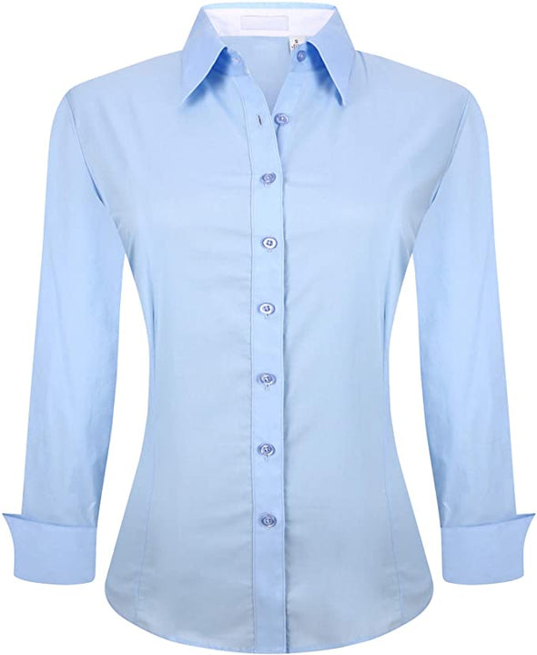 Womens Button Down Shirt Cotton Stretch, Regular Fit Long Sleeve Dress Shirts for Women