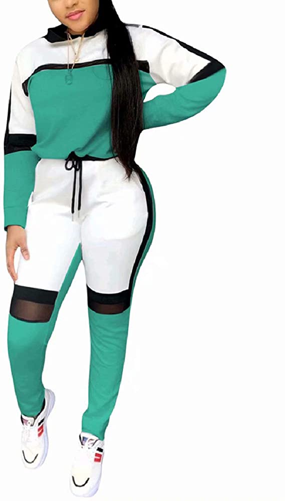 Women's Casual Sweatsuit Two Piece Outfits Patchwork Net Color Block Pocket Hooded Top Pant Set Jogger Tracksuit