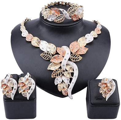 Crystal Necklace Hoop Earrings Ring Women Italian Bridal Jewelry Sets Wedding Accessories (Colorful)