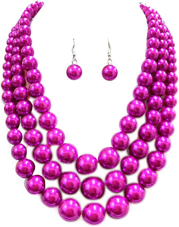 Women's Colorful Multi Strand Simulated Pearl Necklace And Earrings Jewelry Gift Set, 18"+3" Extender