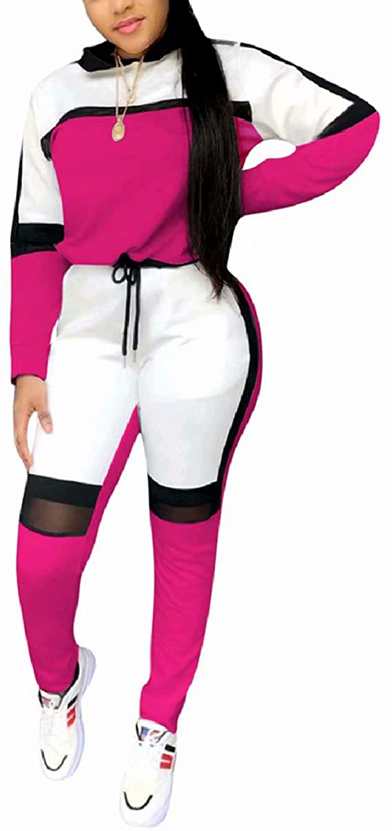 Women's Casual Sweatsuit Two Piece Outfits Patchwork Net Color Block Pocket Hooded Top Pant Set Jogger Tracksuit