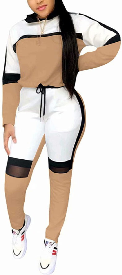 Women's Casual Sweatsuit Two Piece Outfits Patchwork Net Color Block Pocket Hooded Top Pant Set Jogger Tracksuit