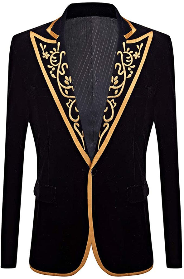 ens Stylish Court Prince Black Velvet Gold Embroidery Blazer Suit Jacket