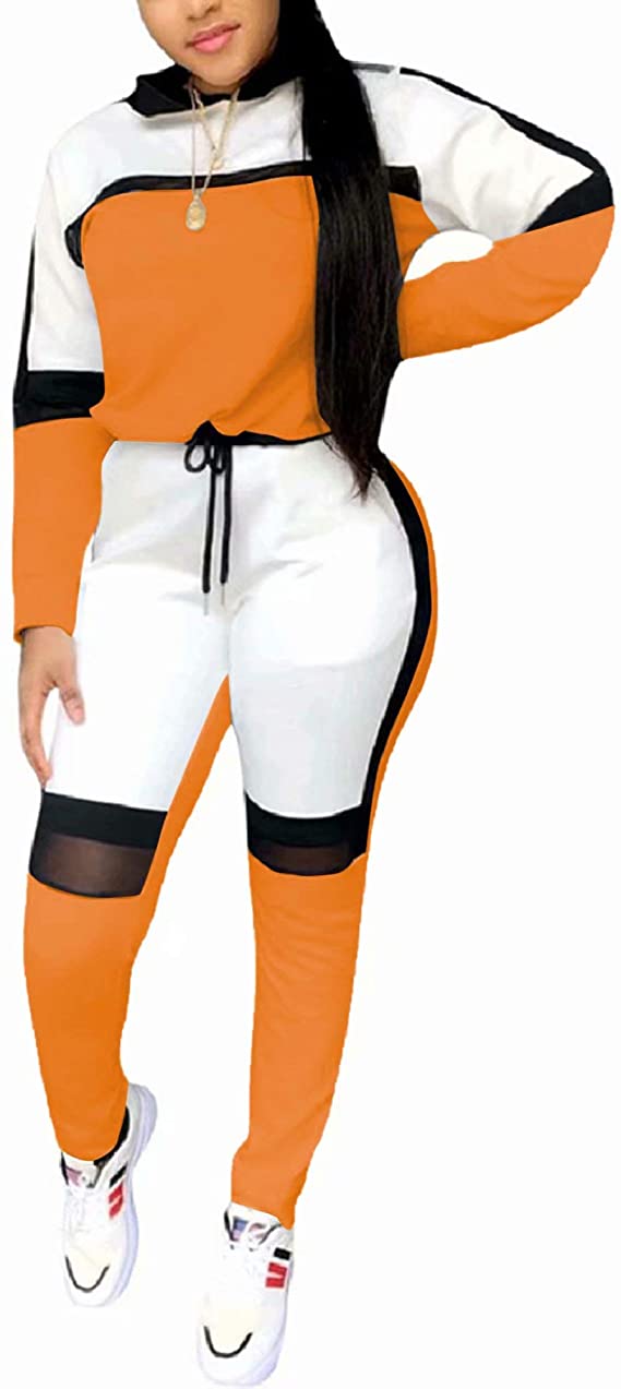 Women's Casual Sweatsuit Two Piece Outfits Patchwork Net Color Block Pocket Hooded Top Pant Set Jogger Tracksuit