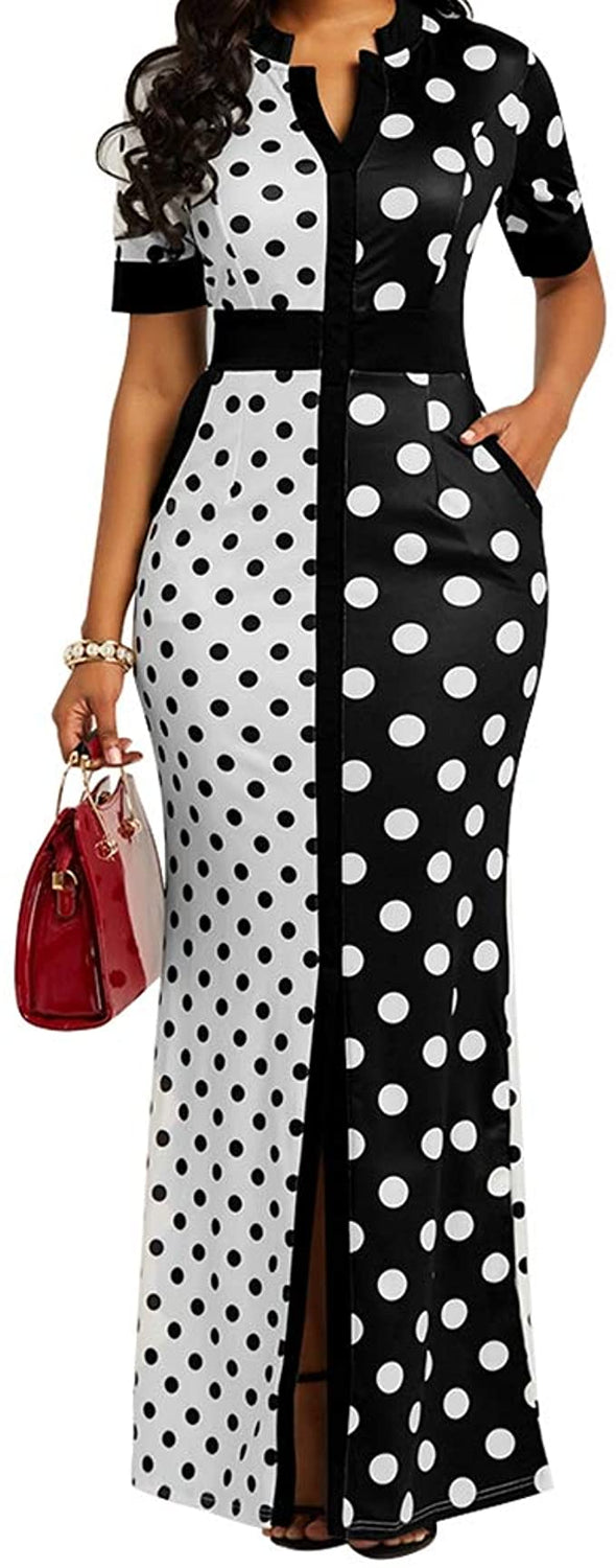 FOREVER-Polka Dot Print Pocket Short Sleeve Bodycon Dress Women's Slit Maxi Dress