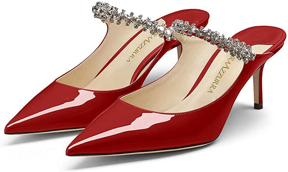 Women Heeled Mules Rhinestone Strappy Pointed Toe Mules Stiletto High Heels Slip On Bridal Sandals for Women