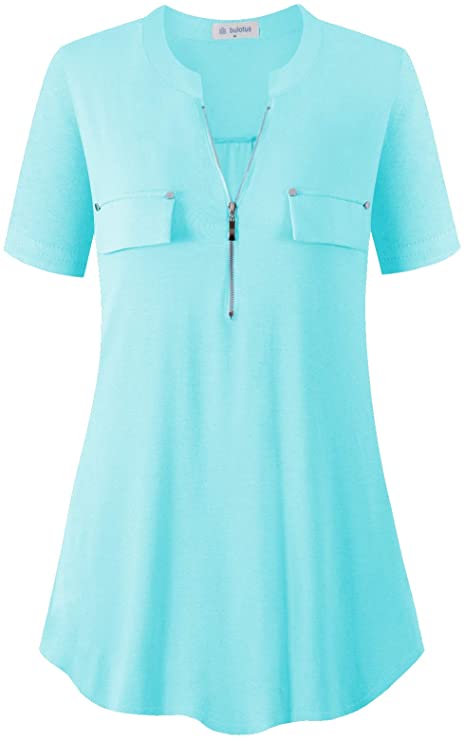 Women's Zip Front V-Neck Short Sleeve Work Casual Top Blouse Shirt (Solid and Plaid)