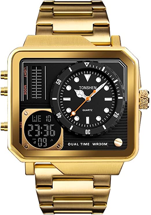 Mens Luxury Fashion Stainless Steel Digital Watches Multifunction Outdoor Military Analog Quartz LED Dual Time Sports Watch Stopwatch Alarm Back Light Rectangular Dial
