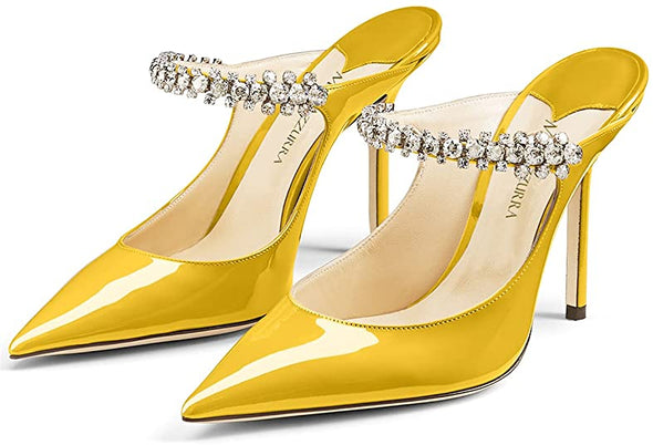 Women Heeled Mules Rhinestone Strappy Pointed Toe Mules Stiletto High Heels Slip On Bridal Sandals for Women