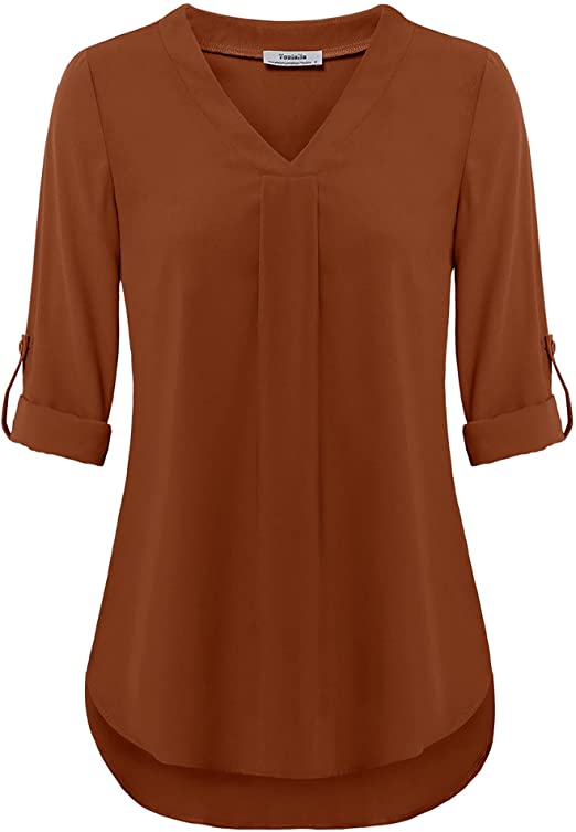 Womens 3/4 Cuffed Sleeve Chiffon Printed V Neck Casual Blouse Shirt Tops