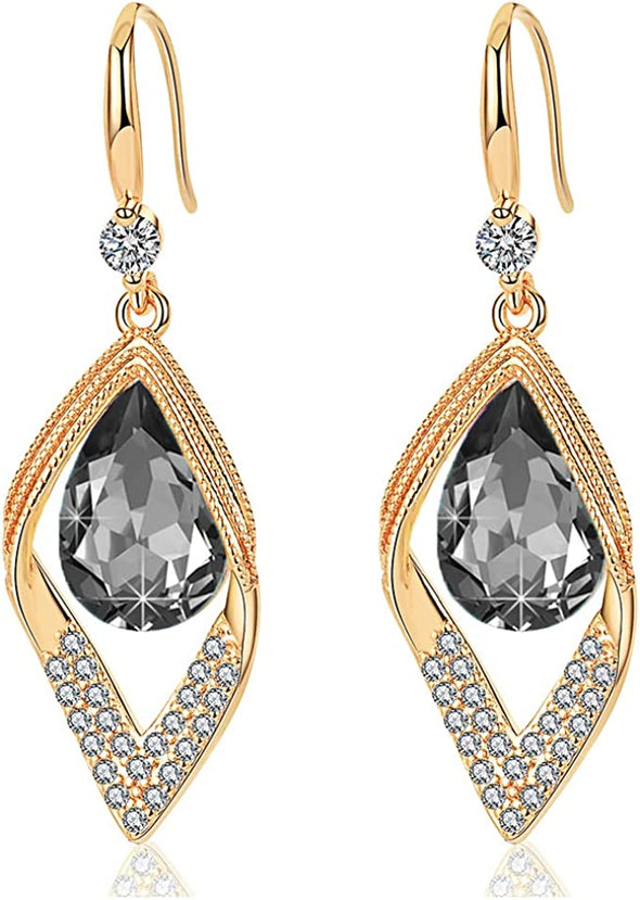 Austrian Crystal Teardrop Hollow Leaf Drop Dangle Earrings for Women 14K Rose Gold Plated Hypoallergenic Jewelry